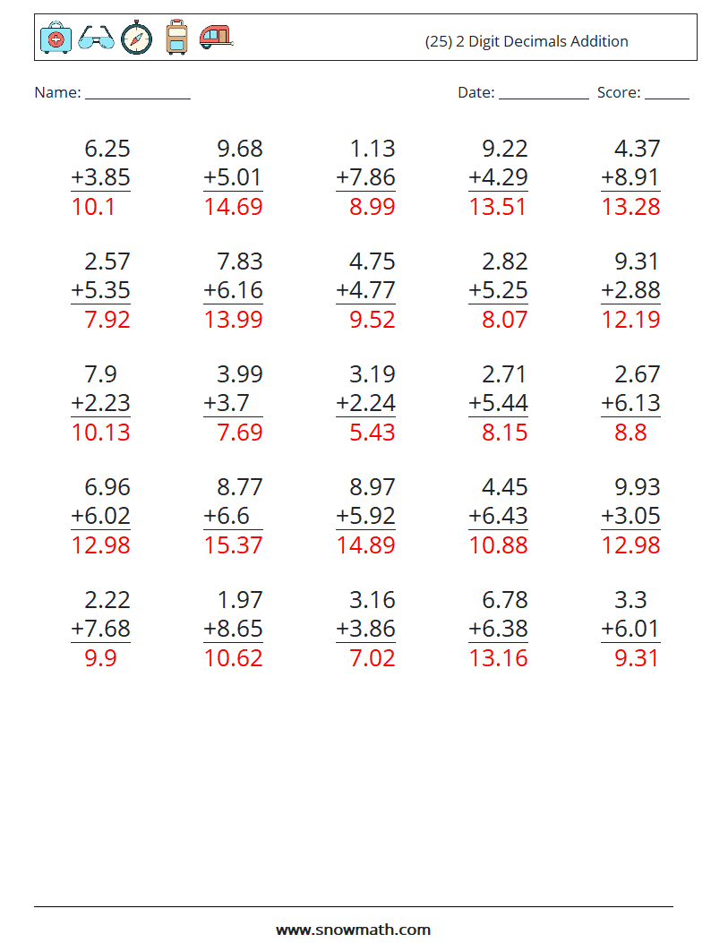 (25) 2 Digit Decimals Addition Math Worksheets 2 Question, Answer