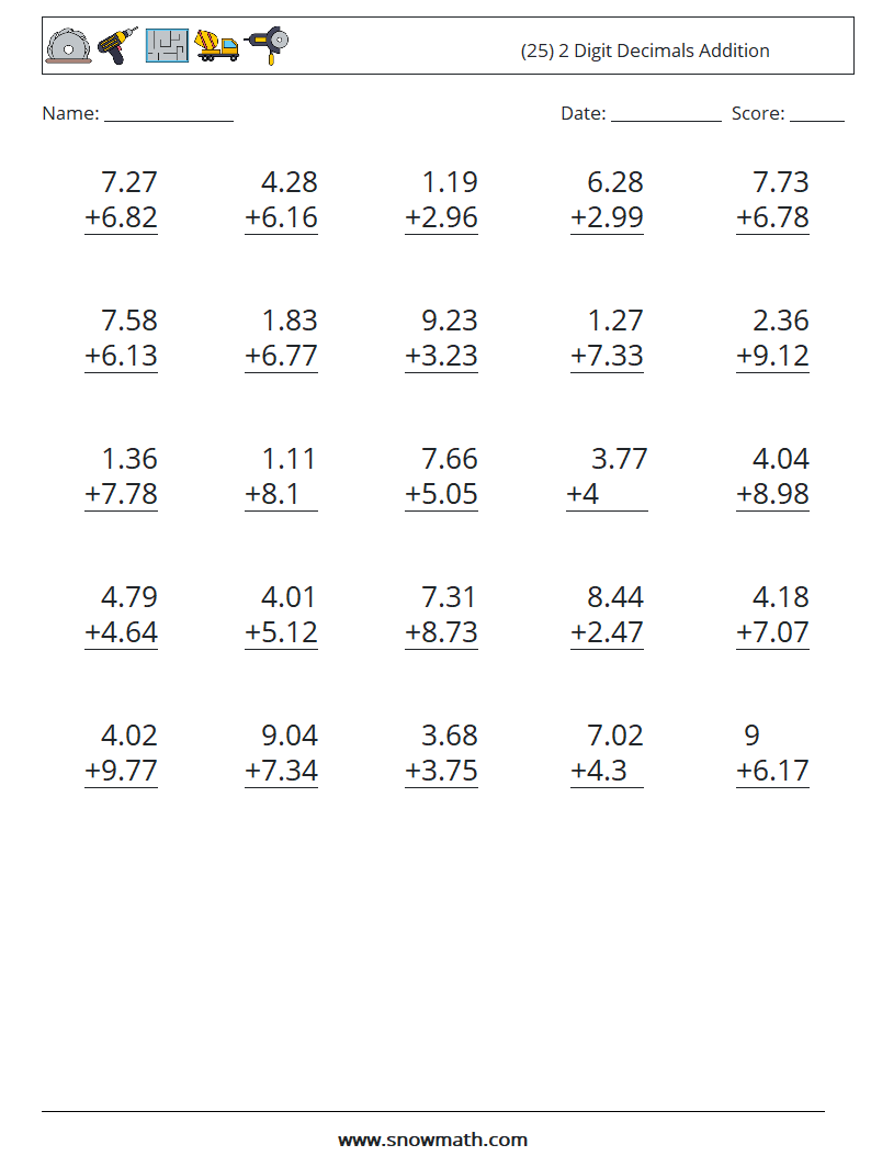 (25) 2 Digit Decimals Addition Math Worksheets 3