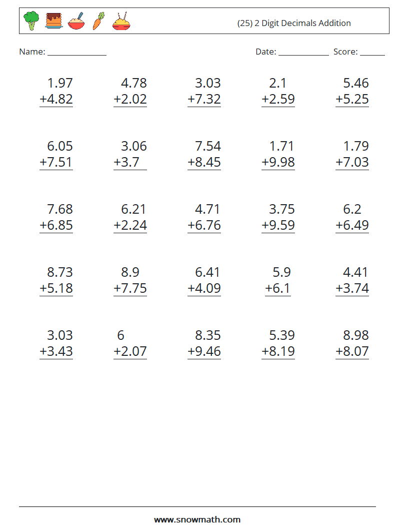 (25) 2 Digit Decimals Addition Math Worksheets 4