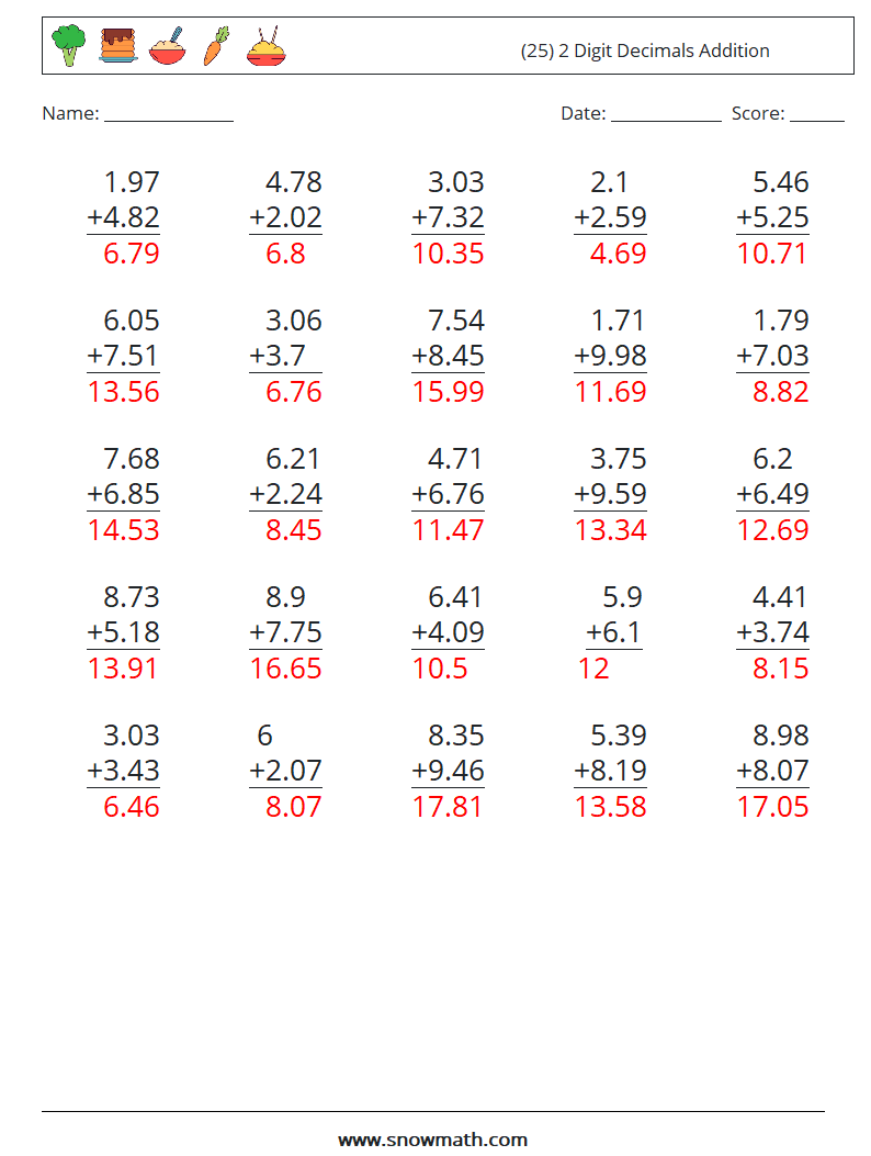 (25) 2 Digit Decimals Addition Math Worksheets 4 Question, Answer