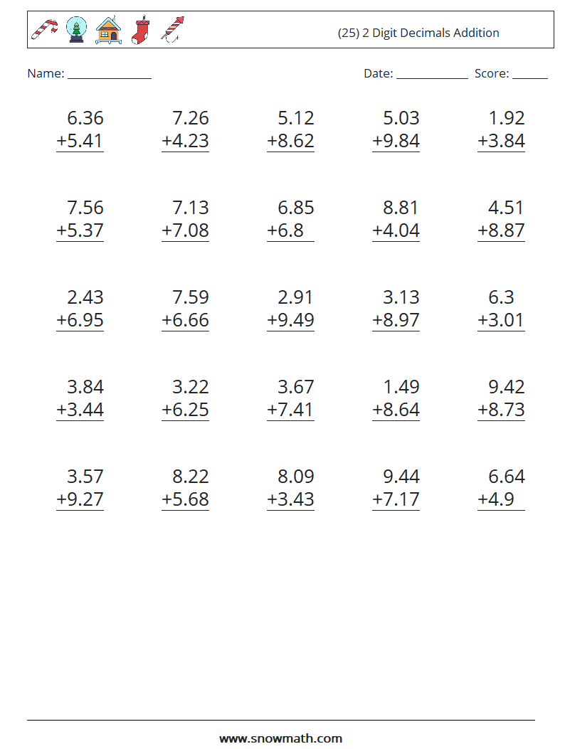 (25) 2 Digit Decimals Addition Math Worksheets 5