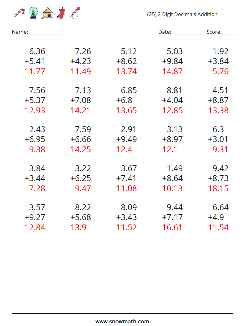 (25) 2 Digit Decimals Addition Math Worksheets 5 Question, Answer