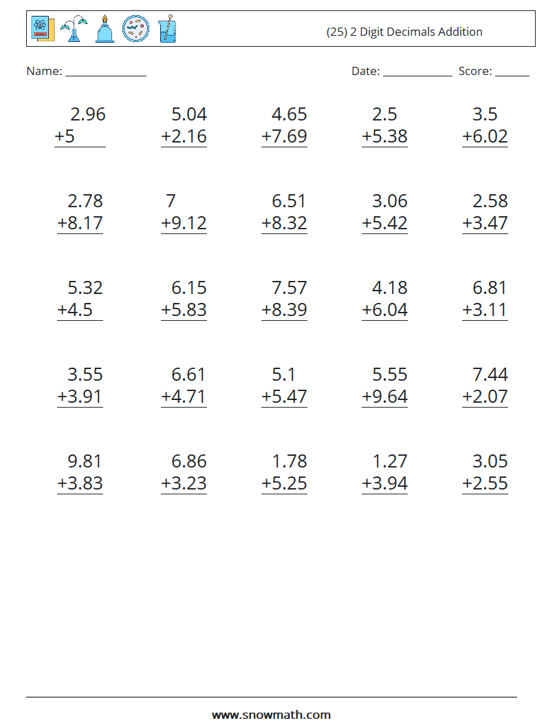 (25) 2 Digit Decimals Addition Math Worksheets 6
