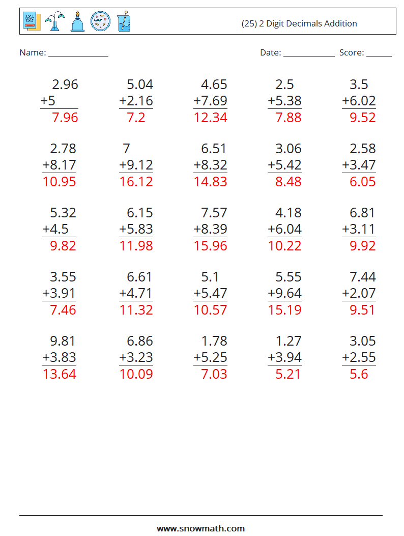 (25) 2 Digit Decimals Addition Math Worksheets 6 Question, Answer