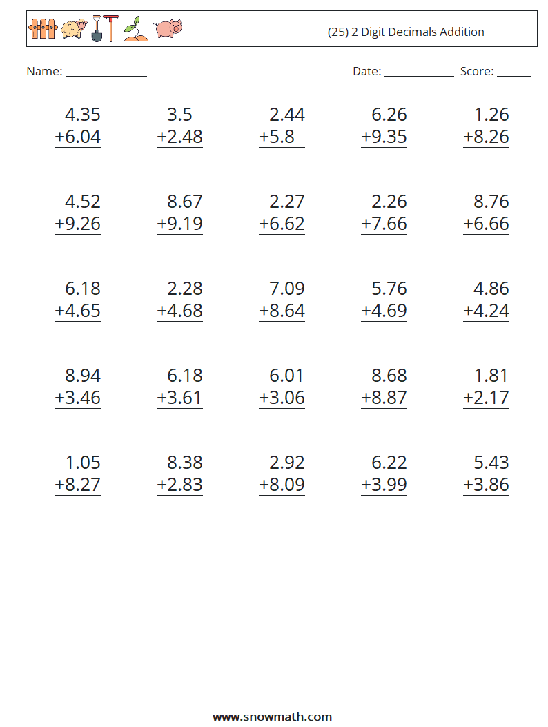 (25) 2 Digit Decimals Addition Math Worksheets 7