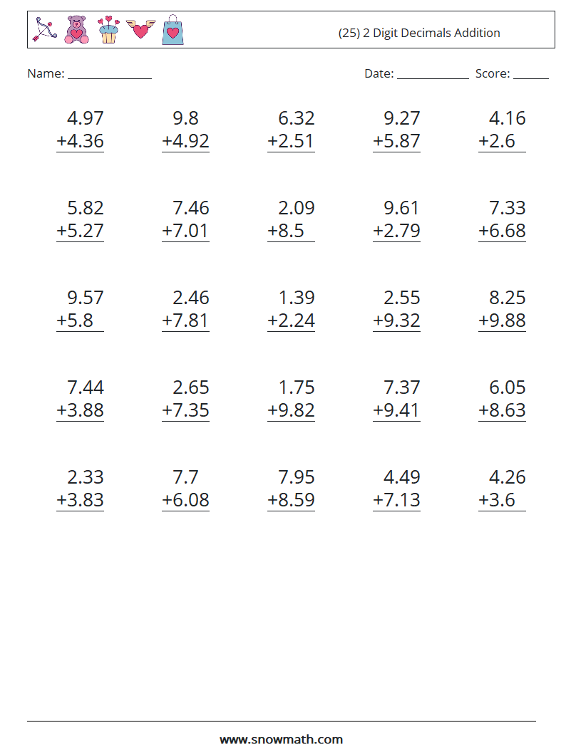 (25) 2 Digit Decimals Addition Math Worksheets 8