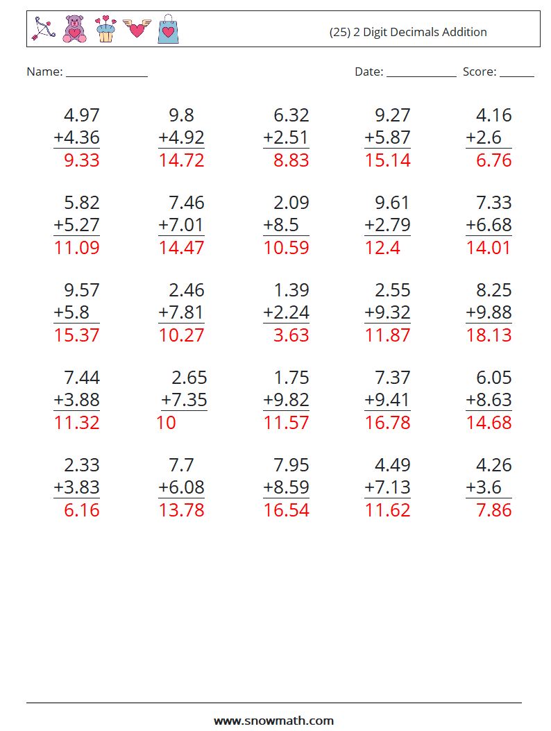 (25) 2 Digit Decimals Addition Math Worksheets 8 Question, Answer