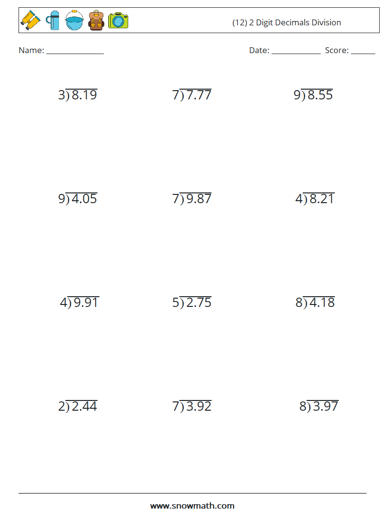 (12) 2 Digit Decimals Division Math Worksheets 1