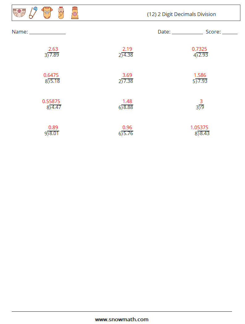 (12) 2 Digit Decimals Division Math Worksheets 10 Question, Answer