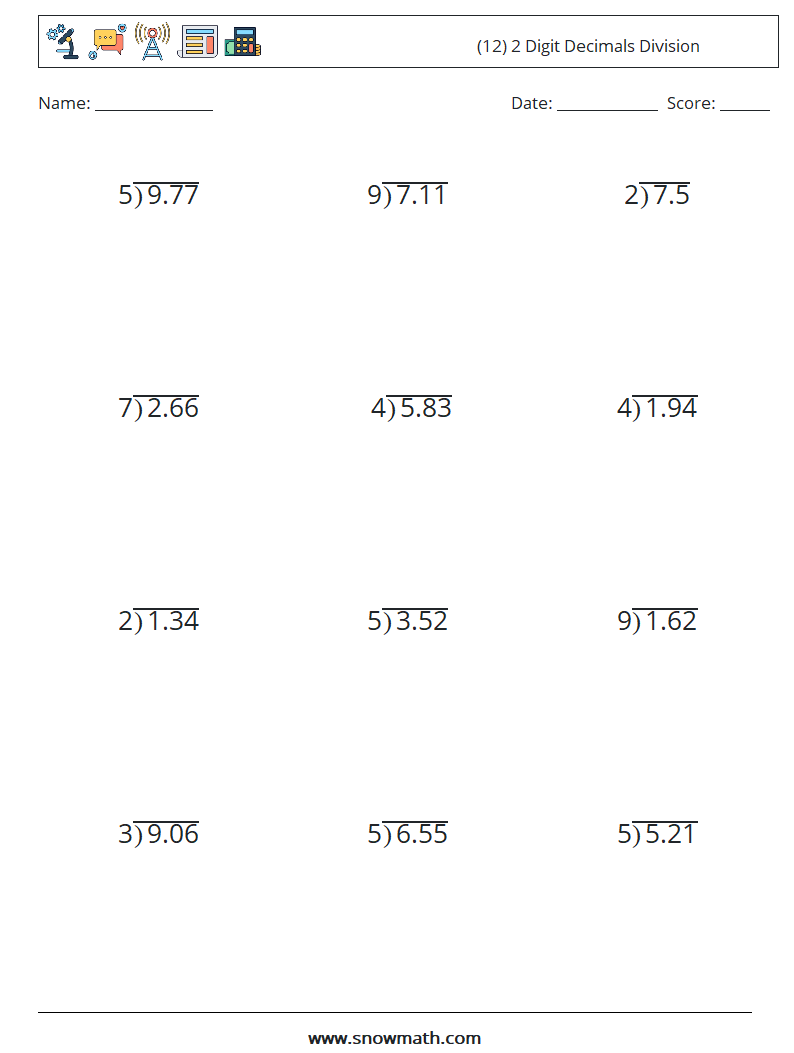 (12) 2 Digit Decimals Division Math Worksheets 11