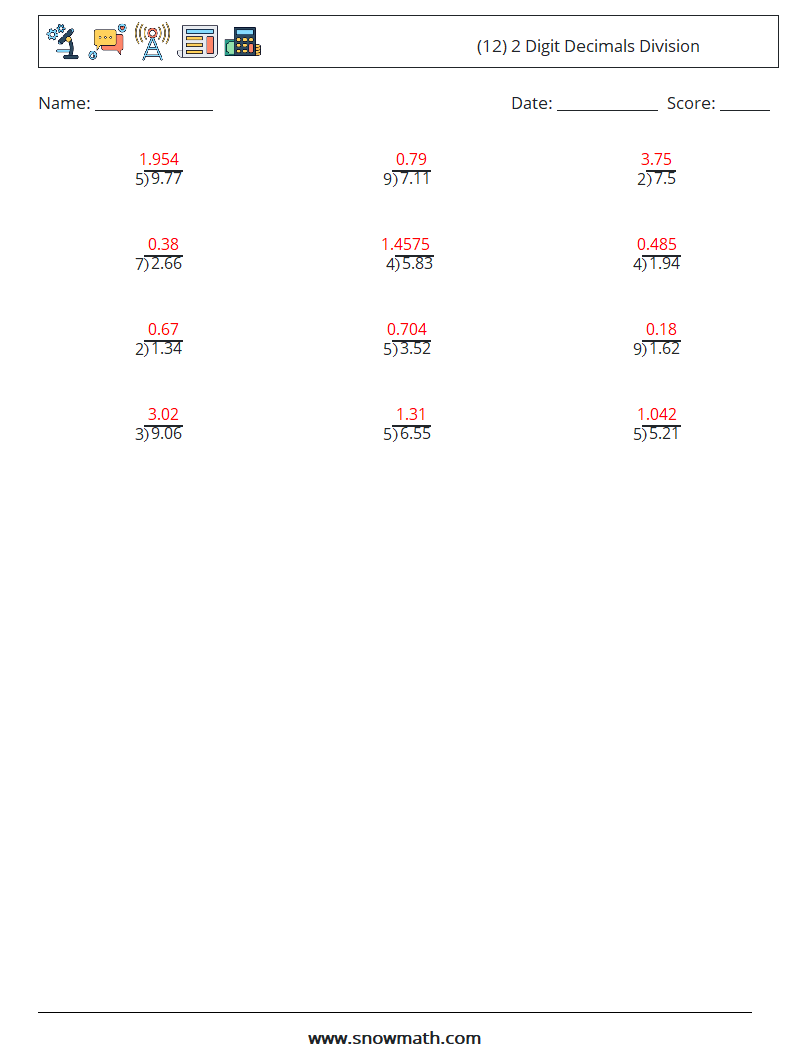 (12) 2 Digit Decimals Division Math Worksheets 11 Question, Answer