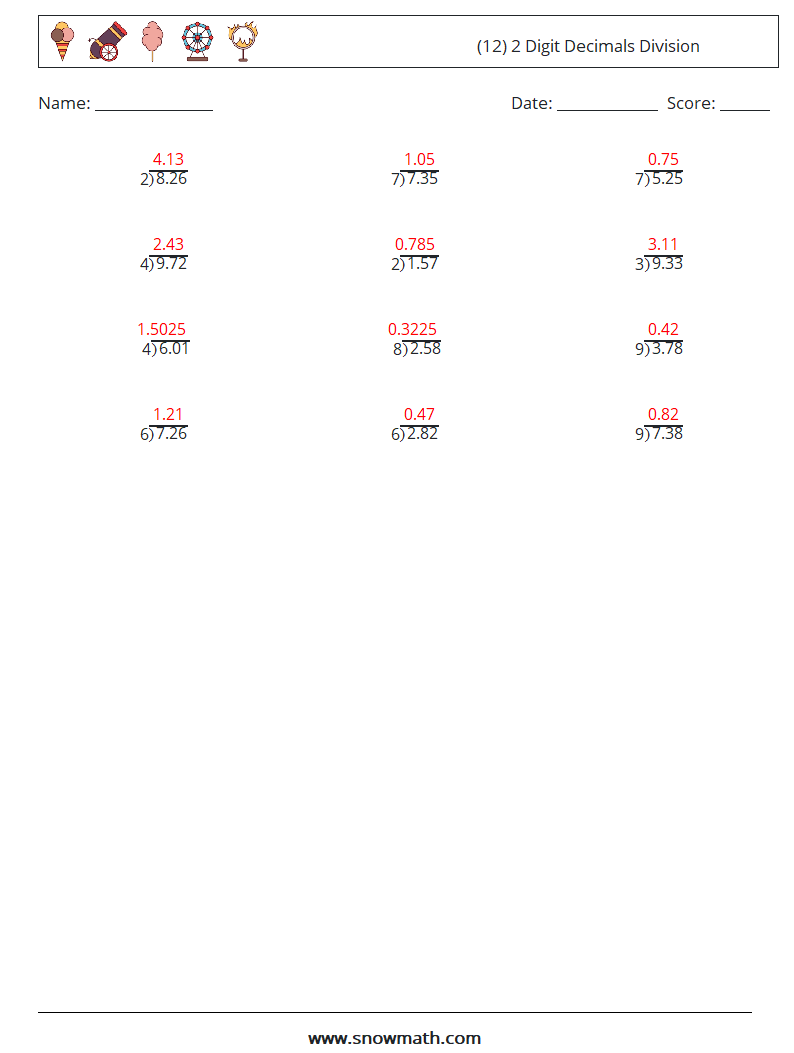 (12) 2 Digit Decimals Division Math Worksheets 12 Question, Answer