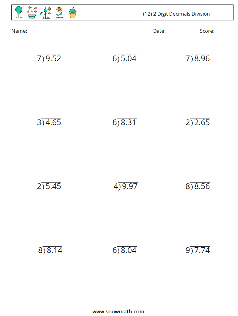 (12) 2 Digit Decimals Division Math Worksheets 13