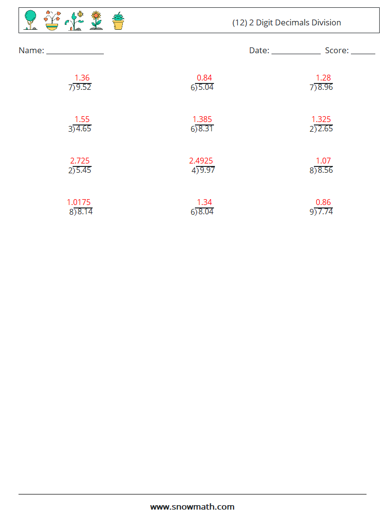 (12) 2 Digit Decimals Division Math Worksheets 13 Question, Answer