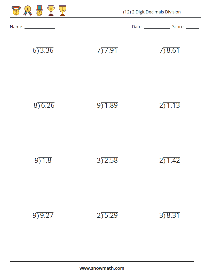 (12) 2 Digit Decimals Division Math Worksheets 14