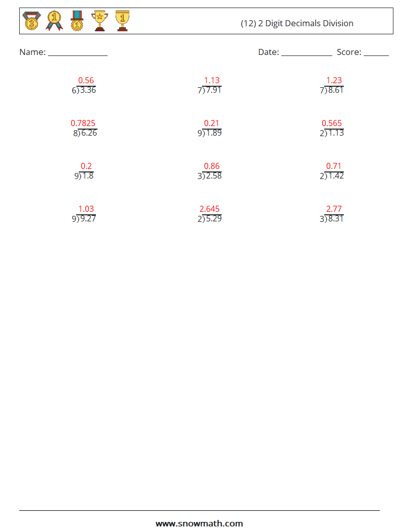 (12) 2 Digit Decimals Division Math Worksheets 14 Question, Answer