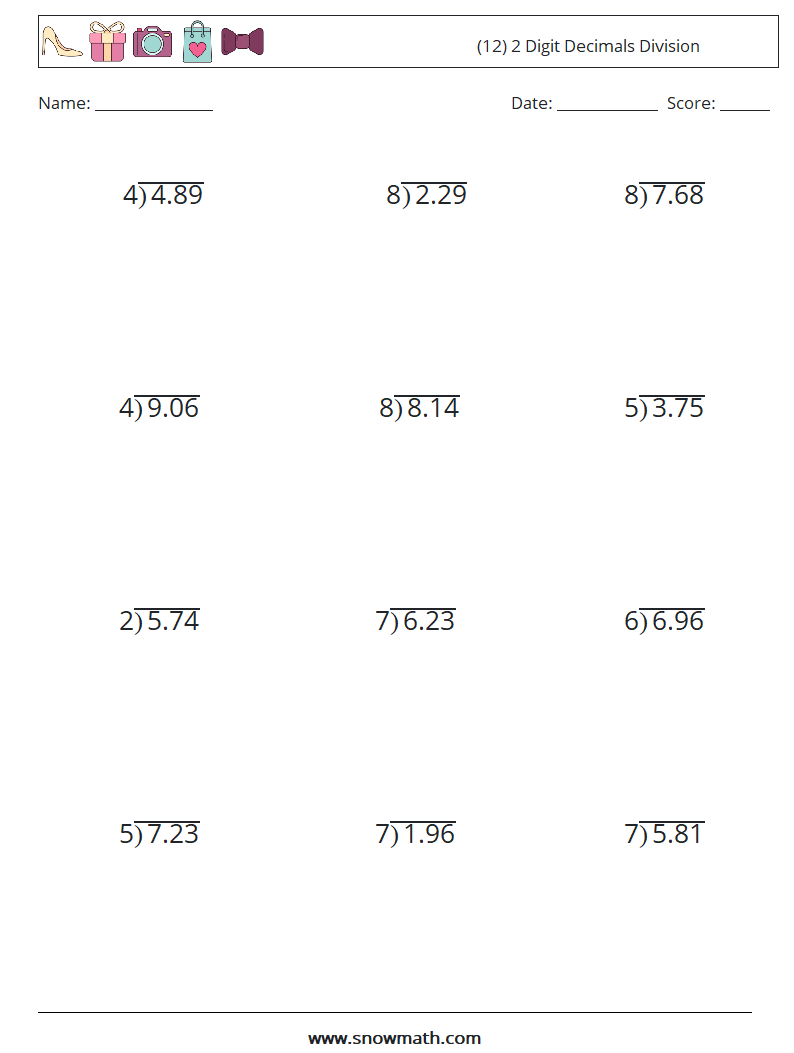 (12) 2 Digit Decimals Division Math Worksheets 16