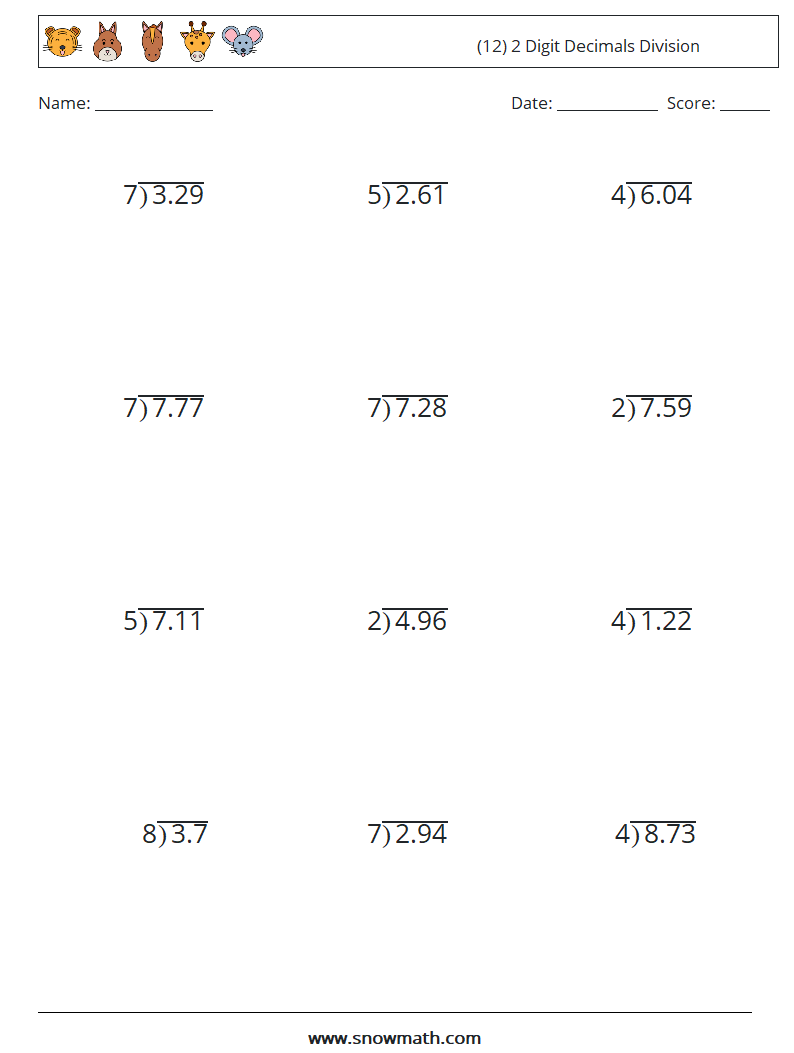 (12) 2 Digit Decimals Division Math Worksheets 17