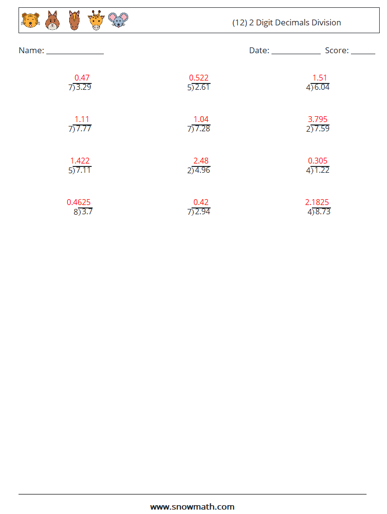 (12) 2 Digit Decimals Division Math Worksheets 17 Question, Answer