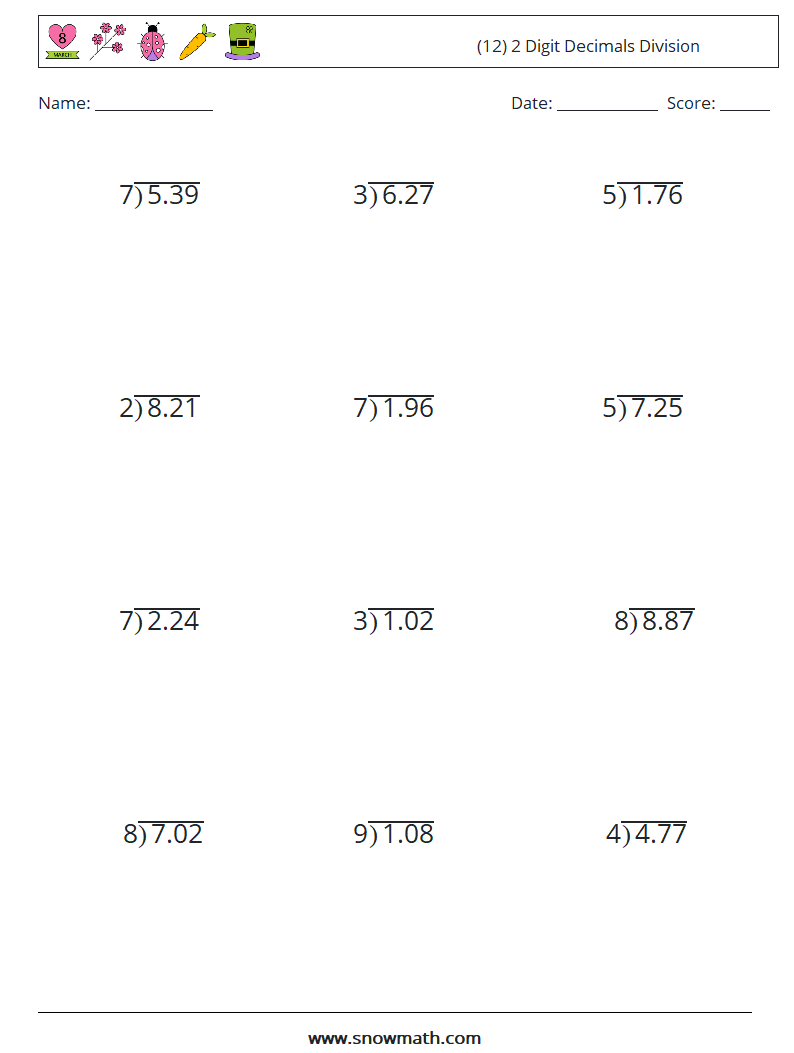 (12) 2 Digit Decimals Division Math Worksheets 18