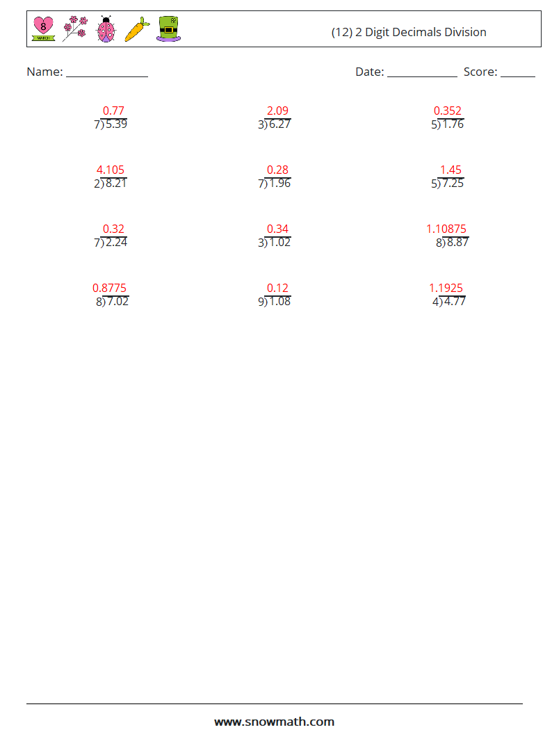 (12) 2 Digit Decimals Division Math Worksheets 18 Question, Answer