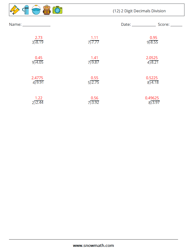 (12) 2 Digit Decimals Division Math Worksheets 1 Question, Answer