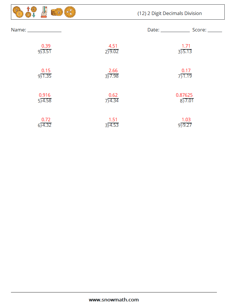 (12) 2 Digit Decimals Division Math Worksheets 3 Question, Answer