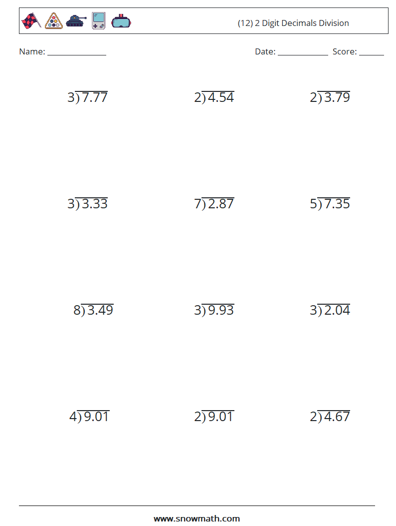 (12) 2 Digit Decimals Division Math Worksheets 4