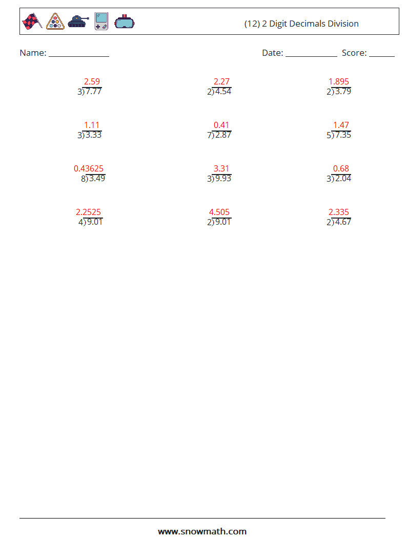 (12) 2 Digit Decimals Division Math Worksheets 4 Question, Answer