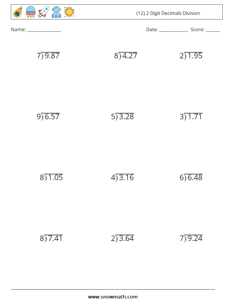 (12) 2 Digit Decimals Division Math Worksheets 5