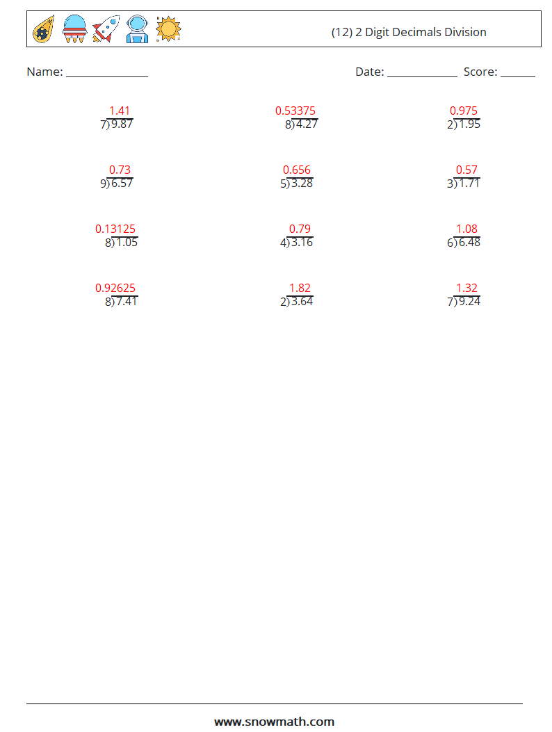 (12) 2 Digit Decimals Division Math Worksheets 5 Question, Answer