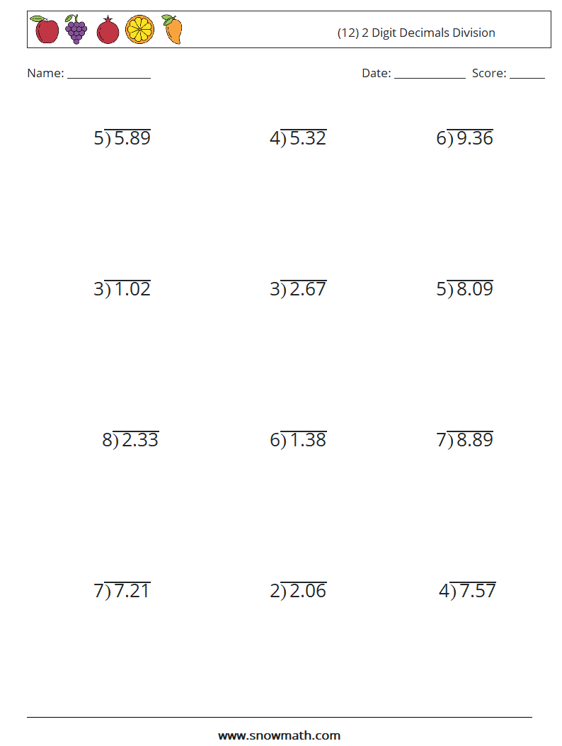 (12) 2 Digit Decimals Division Math Worksheets 6