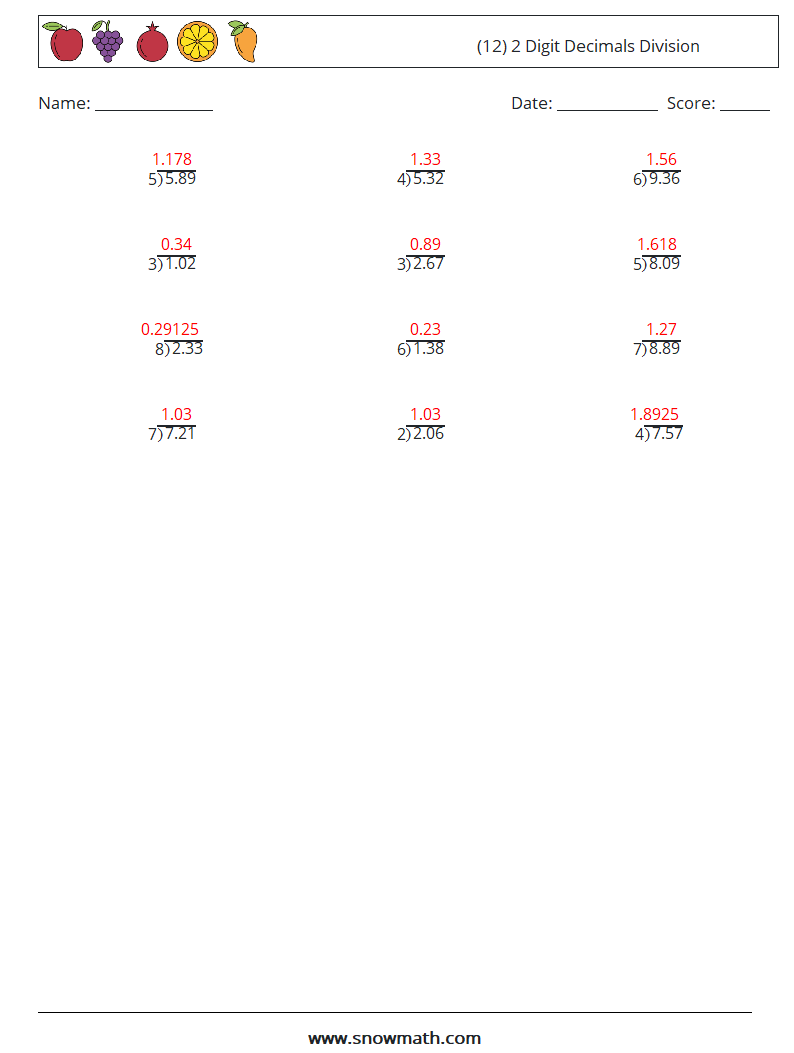 (12) 2 Digit Decimals Division Math Worksheets 6 Question, Answer