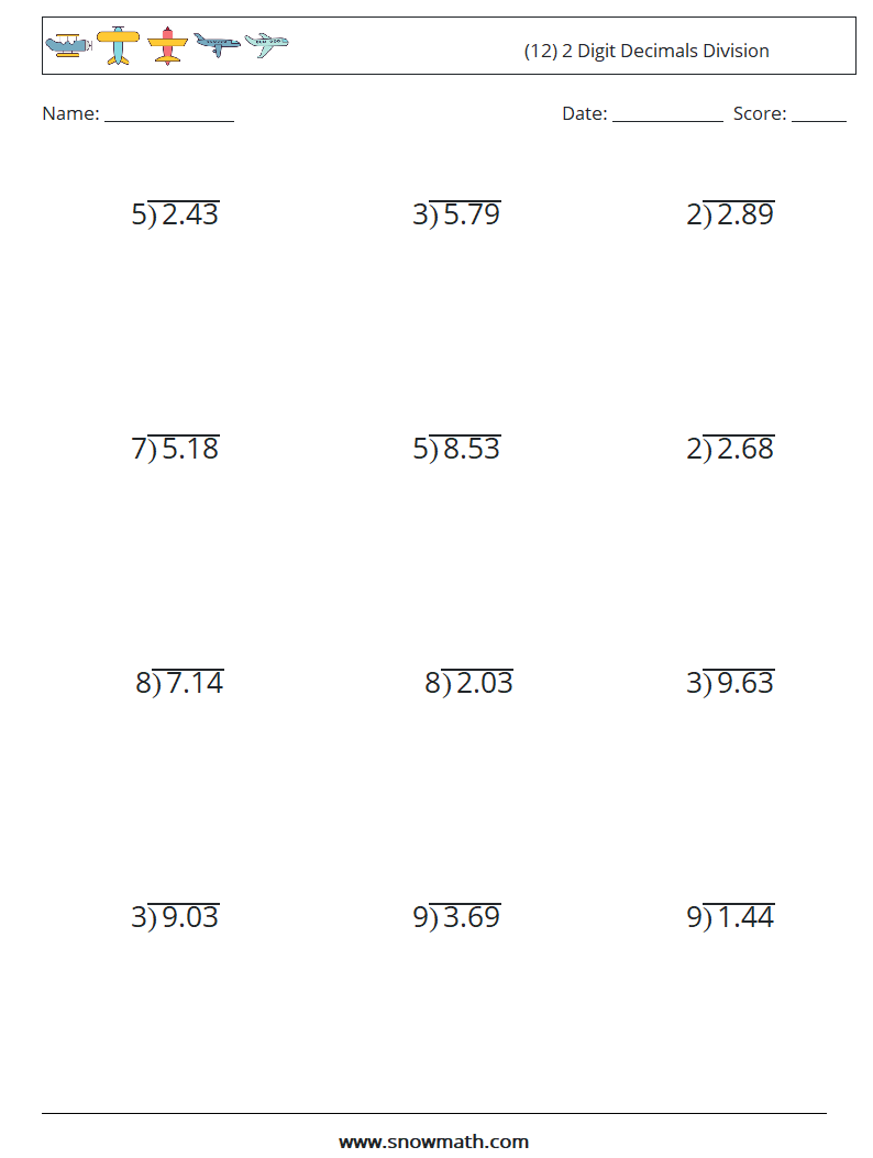 (12) 2 Digit Decimals Division Math Worksheets 7