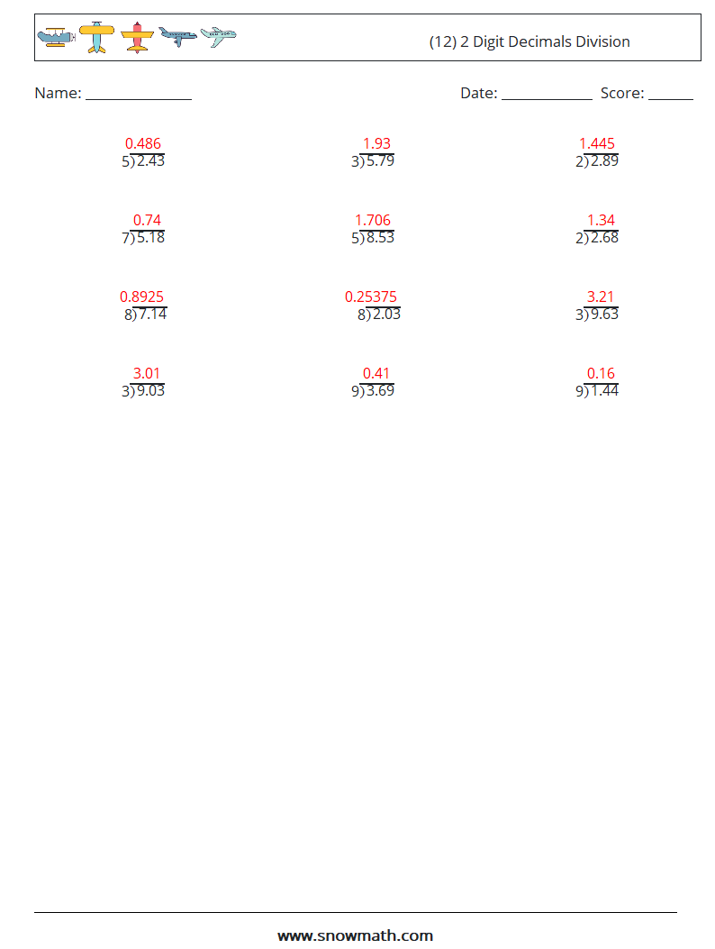(12) 2 Digit Decimals Division Math Worksheets 7 Question, Answer