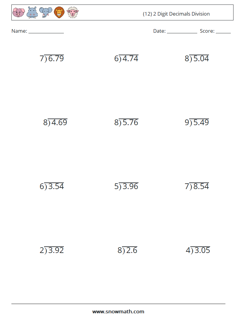 (12) 2 Digit Decimals Division Math Worksheets 8