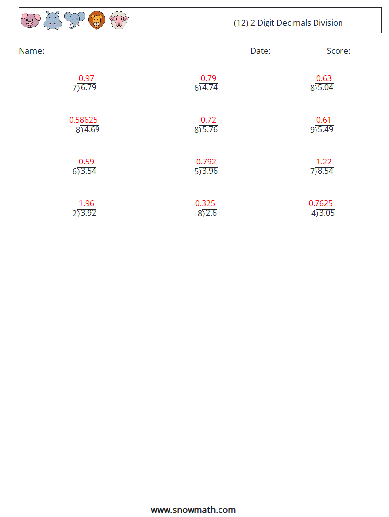 (12) 2 Digit Decimals Division Math Worksheets 8 Question, Answer