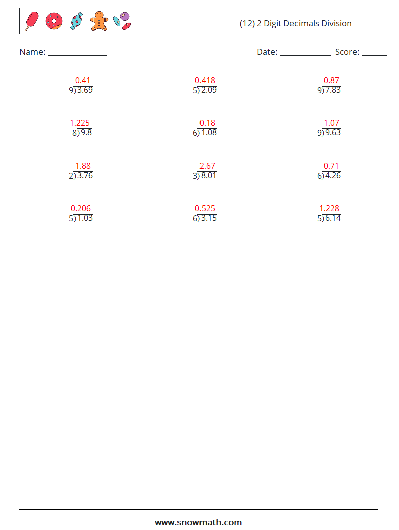 (12) 2 Digit Decimals Division Math Worksheets 9 Question, Answer