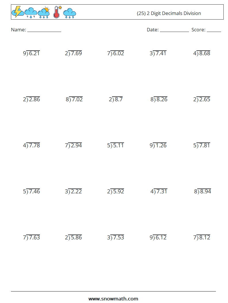 (25) 2 Digit Decimals Division Math Worksheets 10