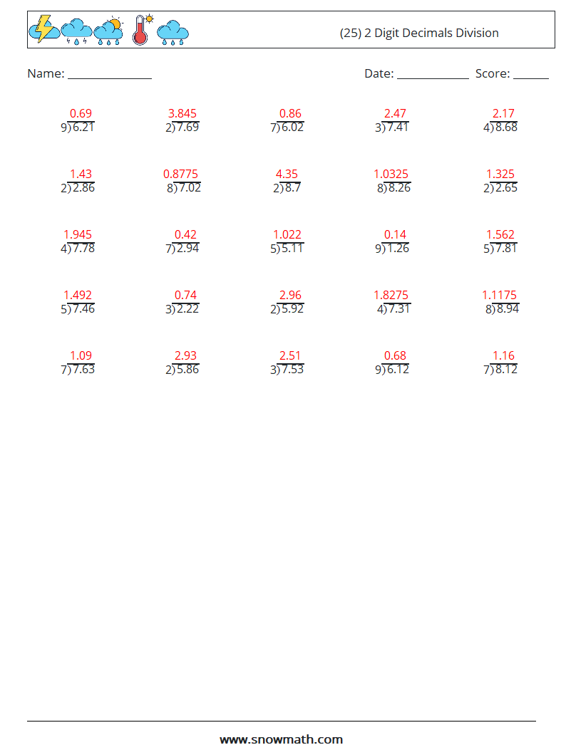 (25) 2 Digit Decimals Division Math Worksheets 10 Question, Answer