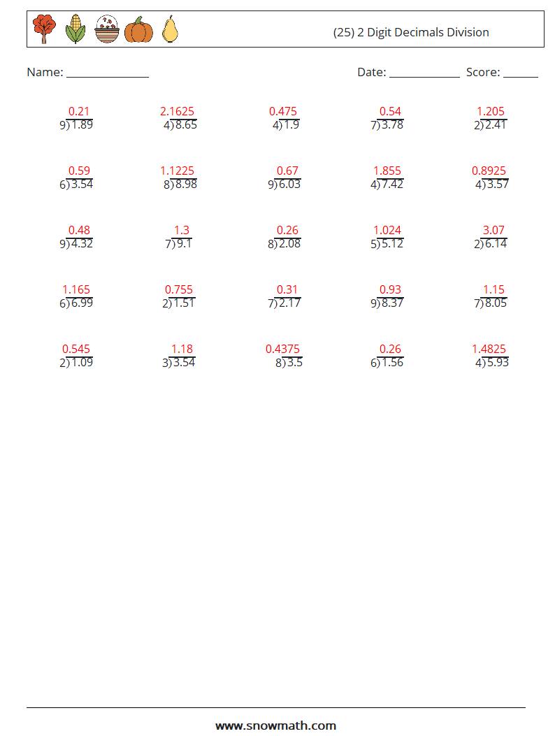 (25) 2 Digit Decimals Division Math Worksheets 11 Question, Answer