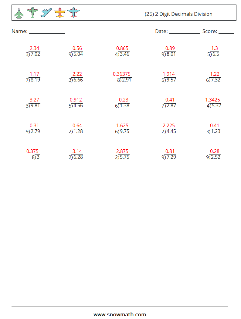 (25) 2 Digit Decimals Division Math Worksheets 12 Question, Answer