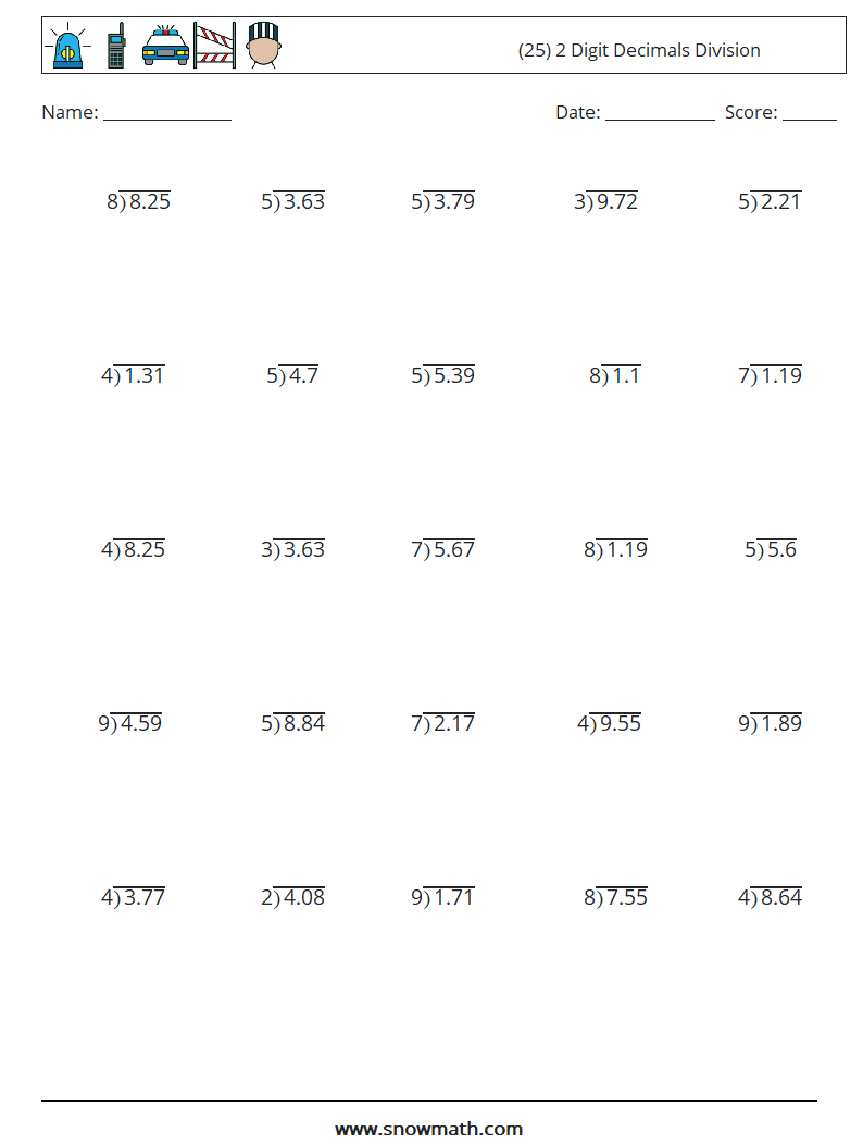 (25) 2 Digit Decimals Division Math Worksheets 14