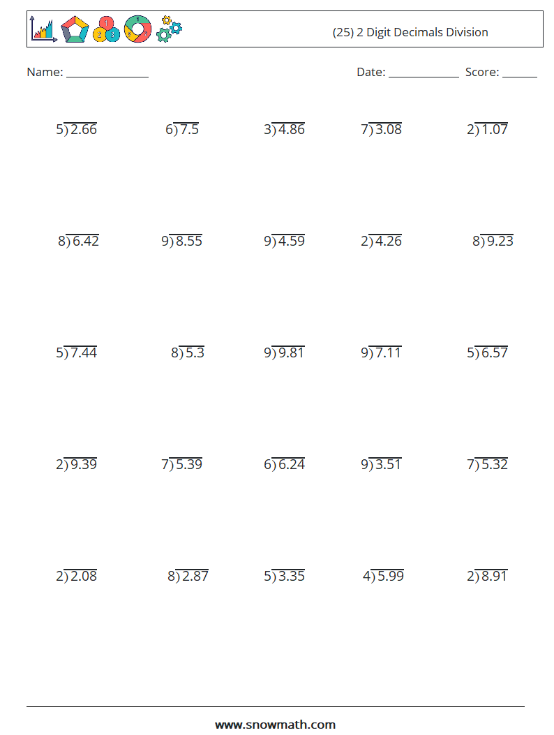 (25) 2 Digit Decimals Division Math Worksheets 15