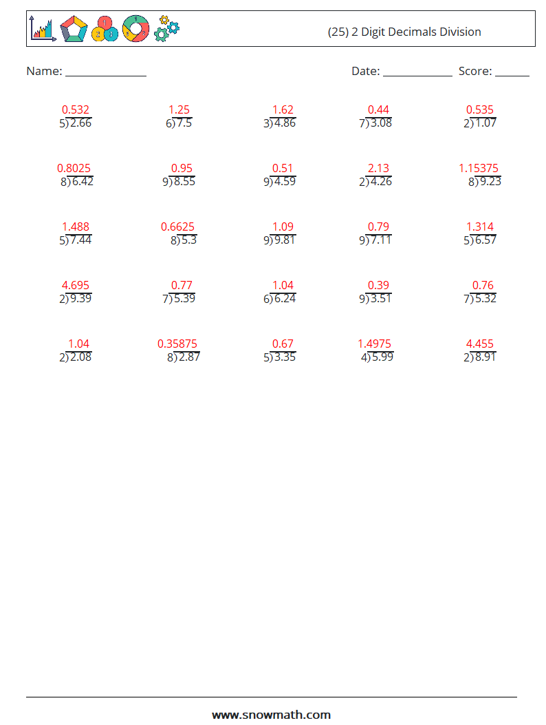 (25) 2 Digit Decimals Division Math Worksheets 15 Question, Answer