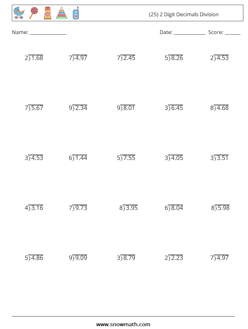 (25) 2 Digit Decimals Division Math Worksheets 16