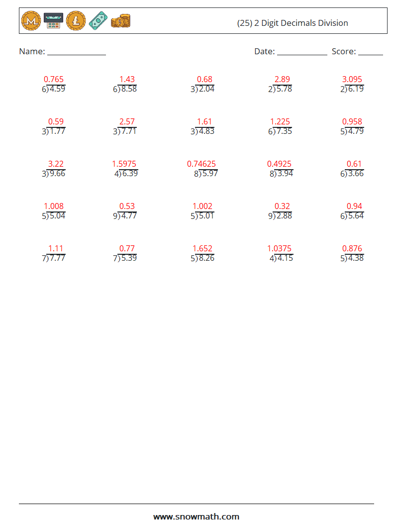 (25) 2 Digit Decimals Division Math Worksheets 17 Question, Answer