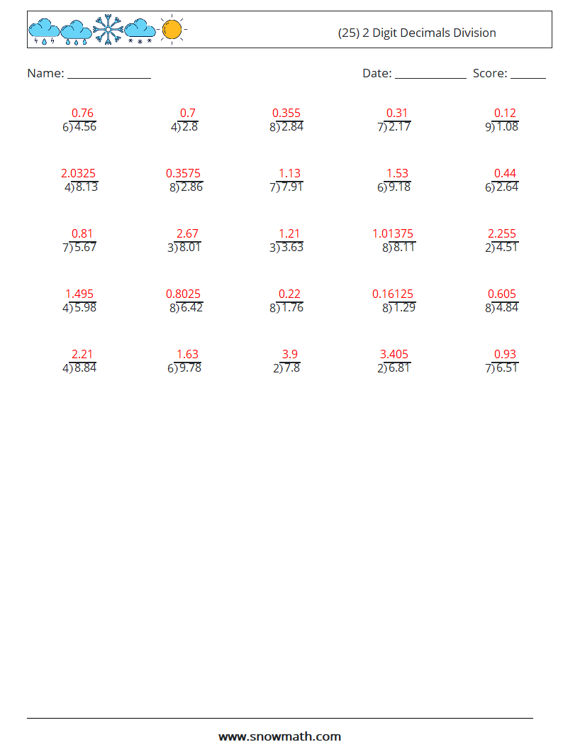 (25) 2 Digit Decimals Division Math Worksheets 18 Question, Answer