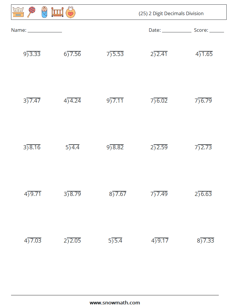 (25) 2 Digit Decimals Division Math Worksheets 2