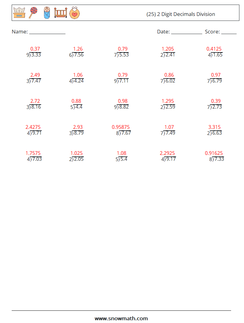 (25) 2 Digit Decimals Division Math Worksheets 2 Question, Answer